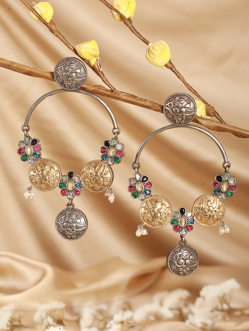 Oxidised Dual Toned Red Stone Pearl Beaded Handcrafted Floral Filigree large Hoop Chandbali Earrings