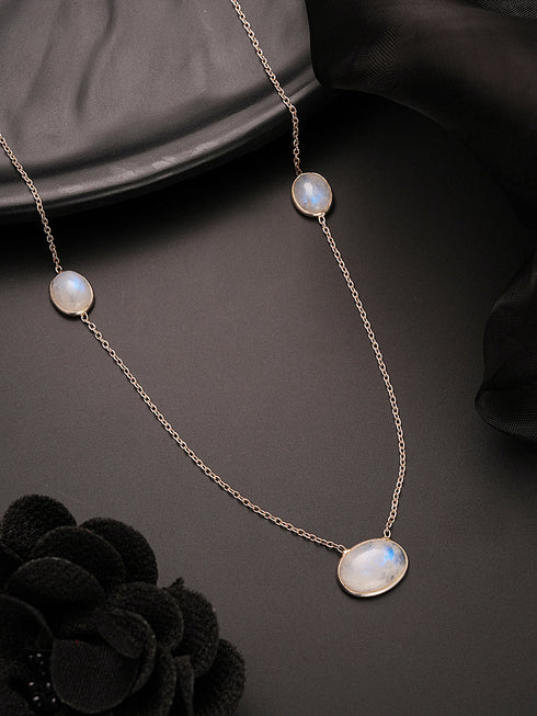 925 Sterling Silver White Moonstone Gemstone Studded Minimal Boho Necklace & Chain