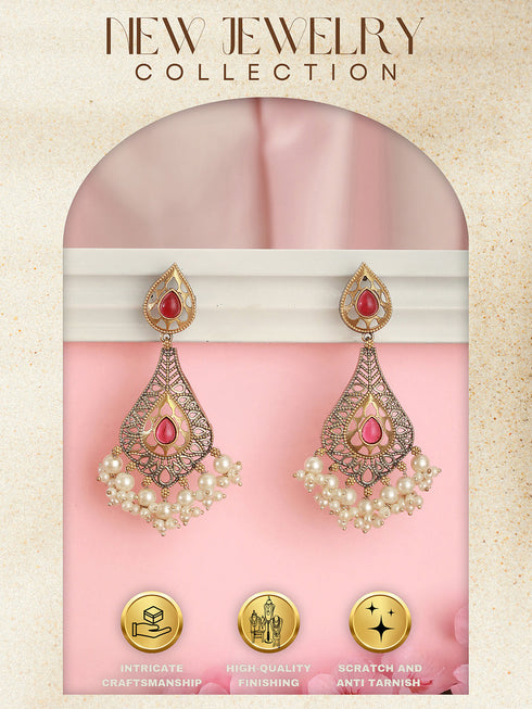 Oxidised Red Stone Studded Filigree Handcrafted Dangler Chandbali Earrings
