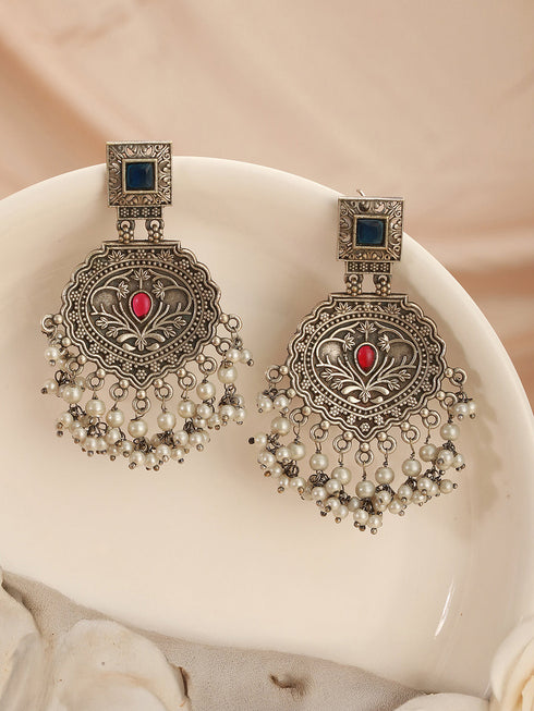 Oxidised Silver Toned Intricate Handcrafted Pearl Beaded Dangler Trendy Chandbali earrings
