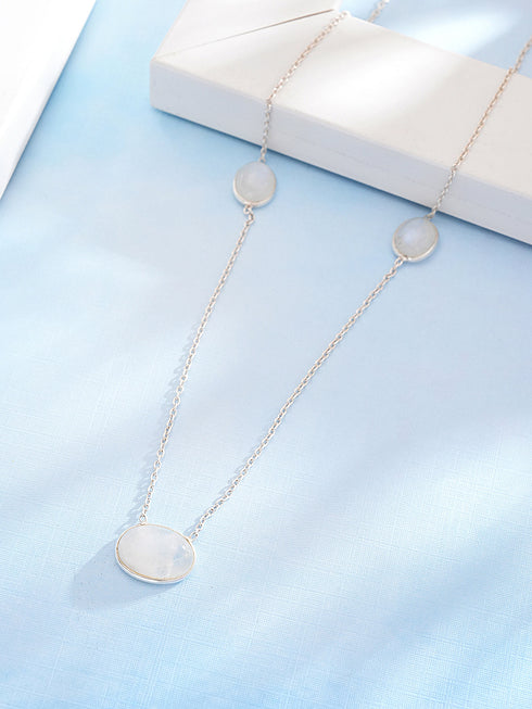925 Sterling Silver White Moonstone Gemstone Studded Minimal Boho Necklace & Chain