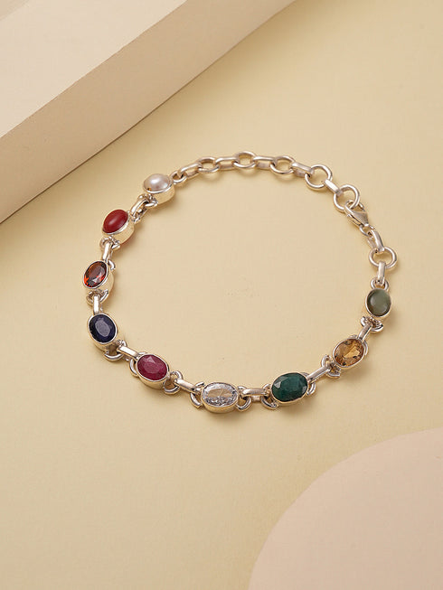 925 Silver Navratna Natural Gemstones Studded Handmade Minimal Delicate Charms Adjustable Bracelet