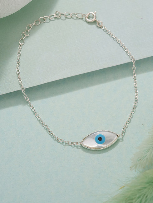 925 Silver Evil Eye Blue Minimal Adjustable Chain Charm Bracelet
