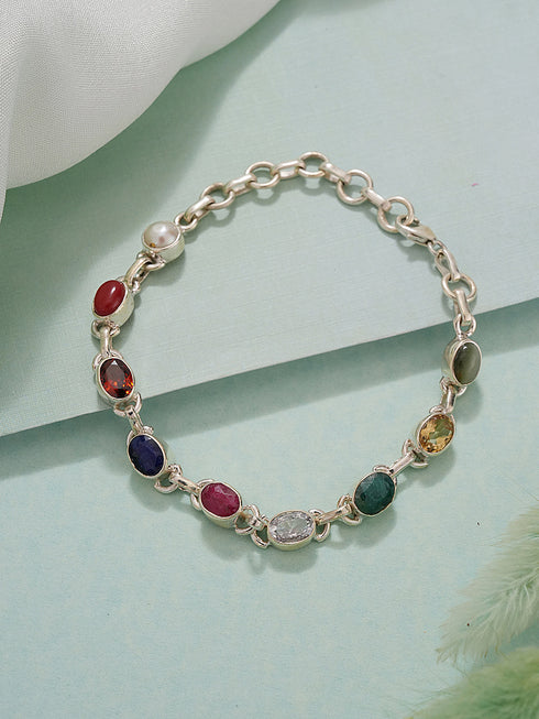 925 Silver Navratna Natural Gemstones Studded Handmade Minimal Delicate Charms Adjustable Bracelet