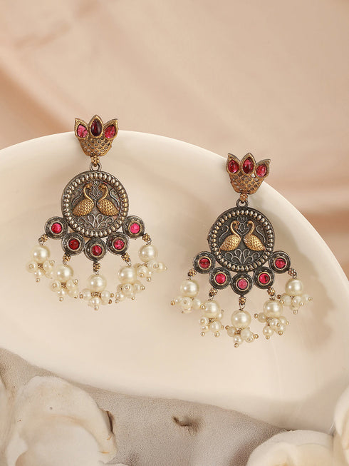 Oxidised Dual Toned Red Stone Pearl Beaded Handcrafted Peacock Filigree Chandbali Earrings
