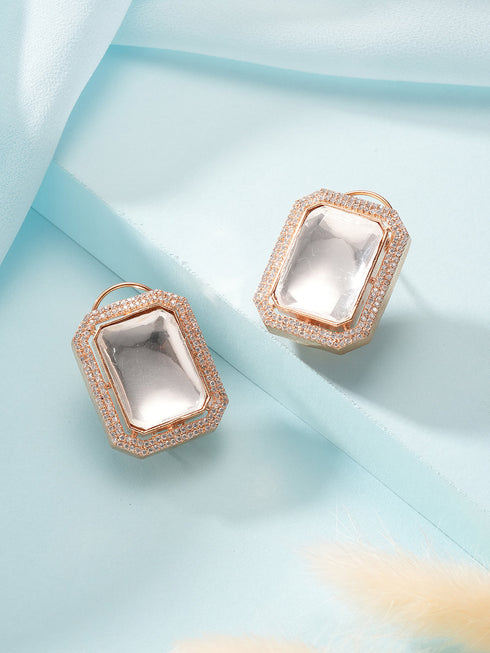 Gold Plated Uncut Polki Mossanite & AD Studded Geometric Designer Studds Earrings