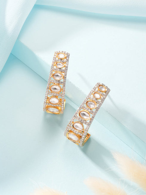 Gold Plated Uncut Kundan Polki Mossanite Minimal Half Hoop C - Bali Studds Earrings