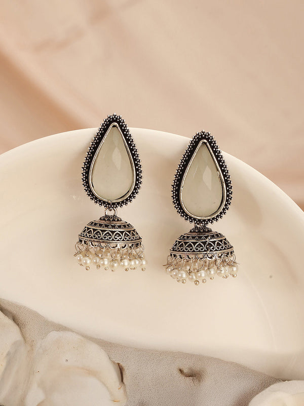 Oxidised Silver-Toned White Stone & Pearl Beaded Teardrop Stone Handcrafted Jhumka Earrings