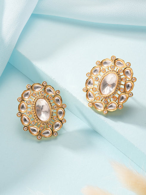 Gold Plated Uncut Polki Mossanite Studded Floral Designer Studds Earrings