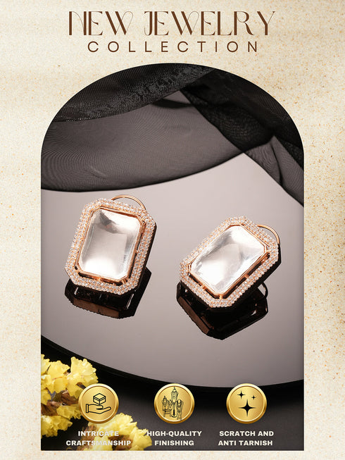 Gold Plated Uncut Polki Mossanite & AD Studded Geometric Designer Studds Earrings