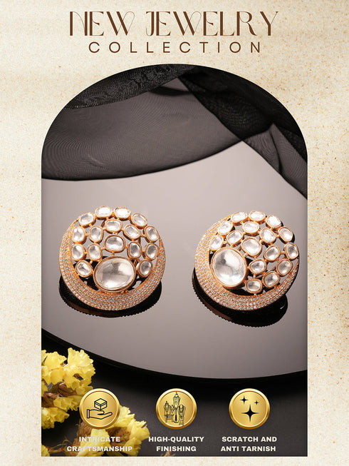 Gold Plated Uncut Polki Mossanite Kundan Studded Bridal Designer Circular Studds Earrings