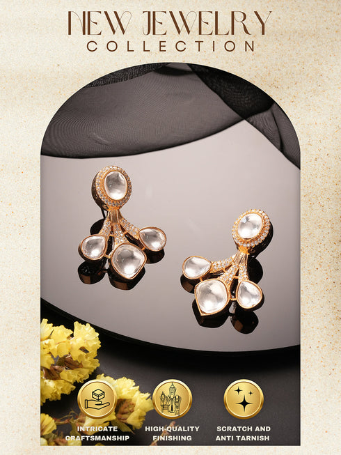 Gold Plated Uncut Polki Mossanite Minimal Floral Studds Earrings