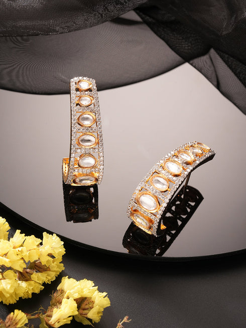 Gold Plated Uncut Kundan Polki Mossanite Minimal Half Hoop C - Bali Studds Earrings