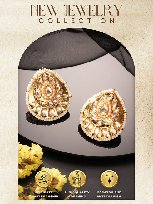 Gold Plated Kundan Studded Designer Pearl Beaded Designer Studds Earrings