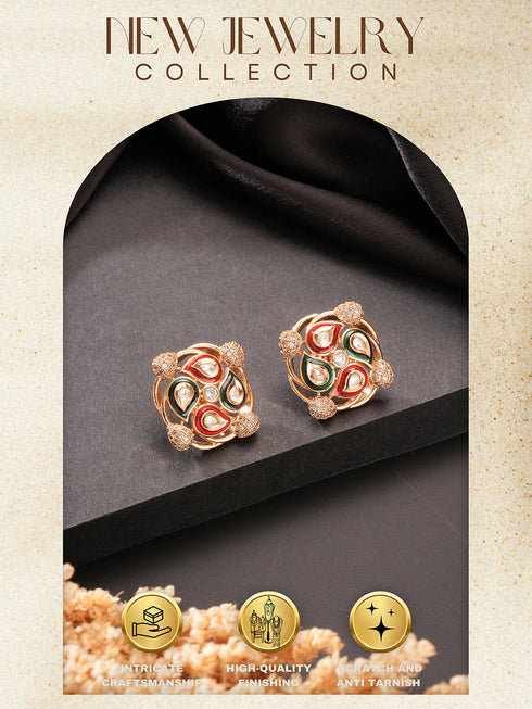 Gold Plated Uncut Moissanite Kundan Studded Mango Design Minimal Studds Earrings