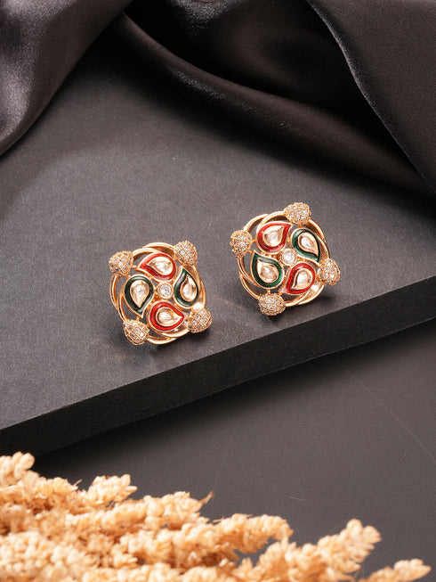 Gold Plated Uncut Moissanite Kundan Studded Mango Design Minimal Studds Earrings
