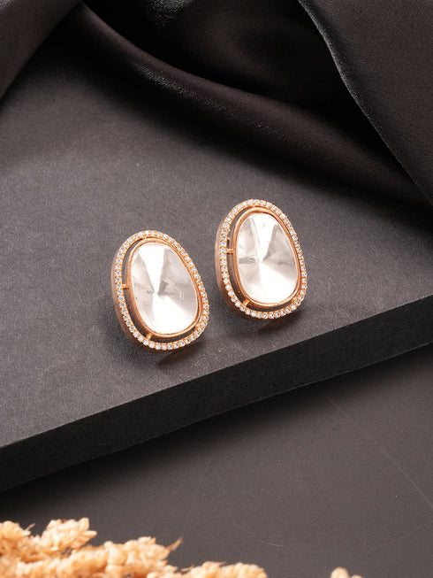 Gold Plated Real Kundan Moissanite Studded Minimal Western Studs Earrings