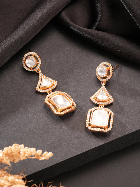 Gold Plated Uncut Polki Mossanite Kundan Studded Quirky Shaped Dropdown Earrings