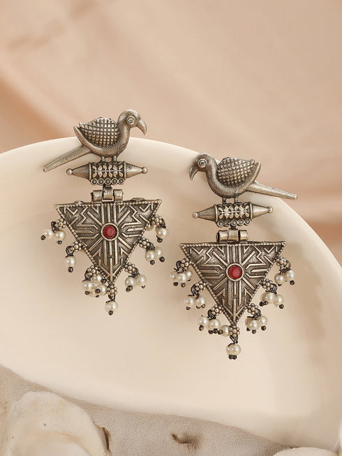 Oxidised Silver Toned Red Stone & Pearl Beaded Drop Handcrafted Long Dangler Minimal Statement Earrings