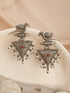 Oxidised Silver Toned Red Stone & Pearl Beaded Drop Handcrafted Long Dangler Minimal Statement Earrings