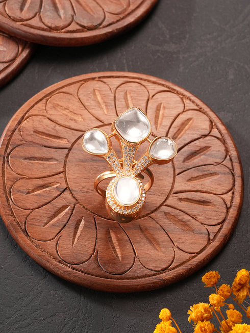 Antique Gold Plated Kundan Studded Intricate Solitaire Finger Rings