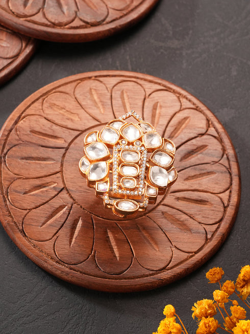 Gold Plated Uncut Polki Kundan Mossanite Studded Designer Floral Adjustable Finger Ring