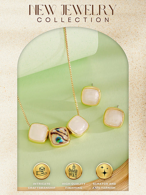 Elegant Square Stone Pendant Necklace & Earrings Set