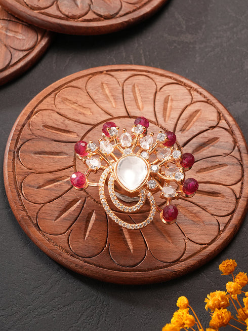 Gold Plated Kundan Red Beads Studded Floral Adjustable Cocktail Finger Ring