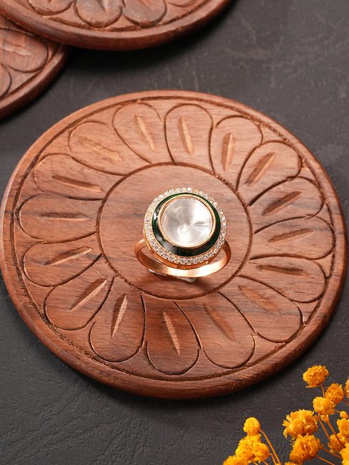 Gold Plated Incut Kundan Mossanite Studded Minimal Bridal Adjustable Handcrafted Finger Rings