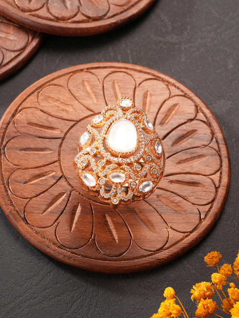 Gold Plated Kundan Moissanite Studded Filigree Luxe Tilak Shaped Cocktail Finger Ring