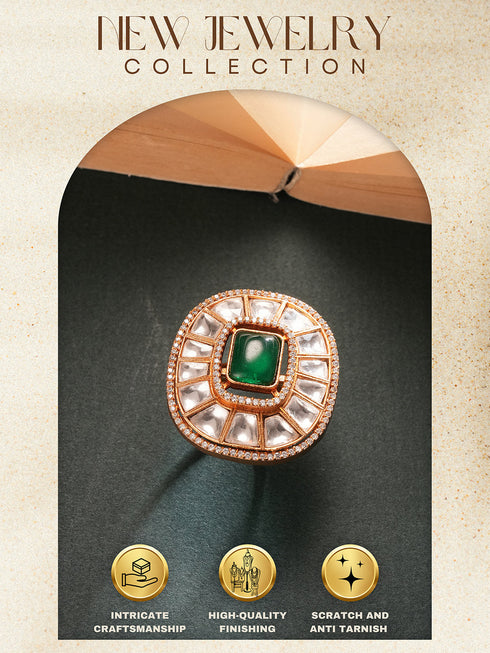 Gold Plated Green Emerald Kundan Studded Geometric Adjustable Cocktail Finger Ring