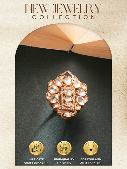 Gold Plated Uncut Polki Kundan Mossanite Studded Designer Floral Adjustable Finger Ring