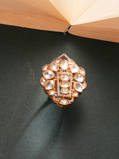 Gold Plated Uncut Polki Kundan Mossanite Studded Designer Floral Adjustable Finger Ring