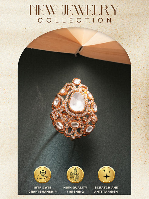 Gold Plated Kundan Moissanite Studded Filigree Luxe Tilak Shaped Cocktail Finger Ring