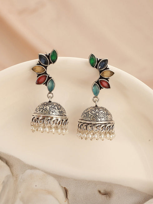 Oxidised Silver Toned Multicolored Handcrafted C Shaped Dangler Minimal Jhumka Earrings