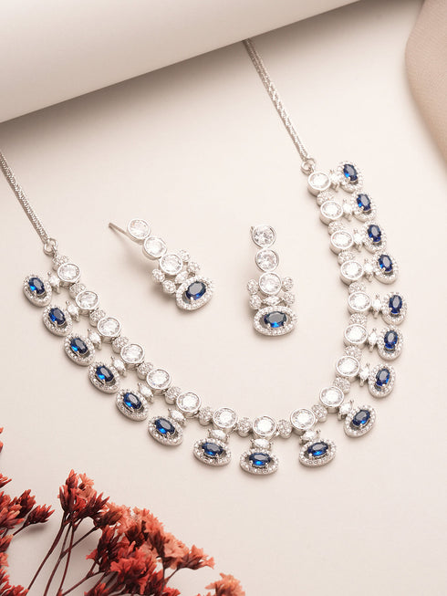 Silver Toned Sapphire Blue AD Studded Statement Delicate Necklace Jewellery Set