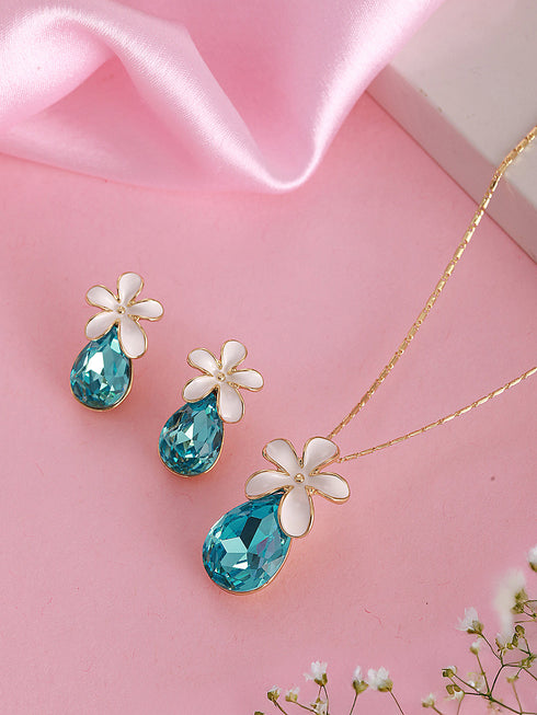 Floral White Enamel & Blue Teardrop Pendant Necklace & Earrings Set