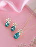 Floral White Enamel & Blue Teardrop Pendant Necklace & Earrings Set