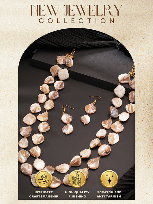Beige Natural Stoned Beaded Embedded Double Layered Trendy Maala Necklace jewellery Set