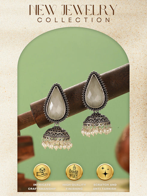 Oxidised Silver-Toned White Stone & Pearl Beaded Teardrop Stone Handcrafted Jhumka Earrings