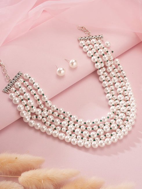 White Pearl Beaded Multi Layered Trendy Choker Necklace Jewellery Set