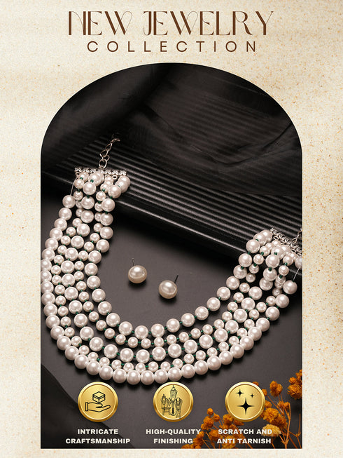 White Pearl Beaded Multi Layered Trendy Choker Necklace Jewellery Set