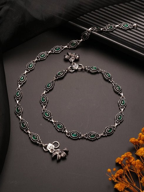 Set of 2 Silver Oxidised Emerald Green Stone Studded Oval Minimal Dailywear Anklet Payal