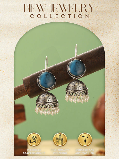 Oxidised Silver Toned Ice Blue Stone Fish Hook Contemporary Jhumka Earrings