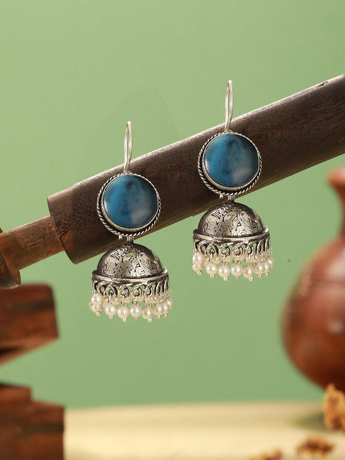 Oxidised Silver Toned Ice Blue Stone Fish Hook Contemporary Jhumka Earrings