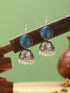 Oxidised Silver Toned Ice Blue Stone Fish Hook Contemporary Jhumka Earrings