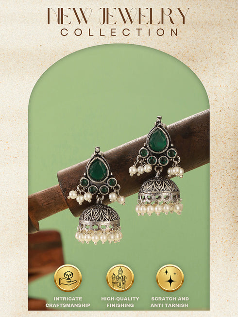 Oxidised Silver Toned Emerald Green AD Zircon & Pearl Beaded Dangler Minimal Jhumka Earrings