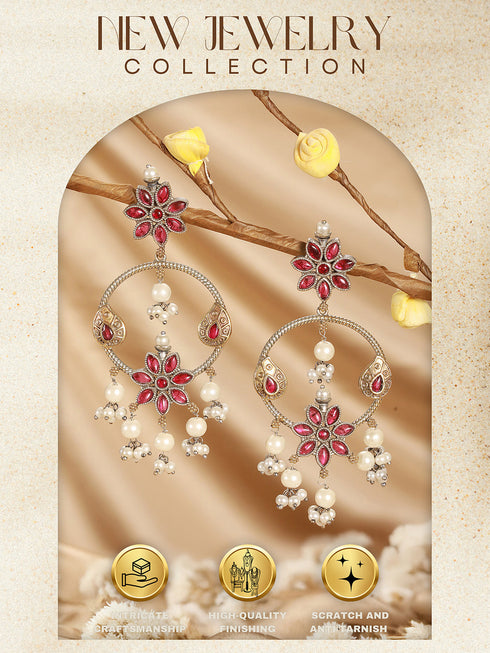 Antique Gold-Toned Pink Stones With Pearl Drop Floral Hoop Contemporary Earrings
