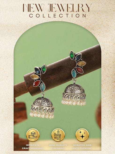 Oxidised Silver Toned Multicolored Handcrafted C Shaped Dangler Minimal Jhumka Earrings