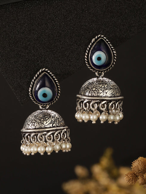 Oxidised Silver Toned Evil Eye Handcrafted Minimal Trendy Jhumka Earrings